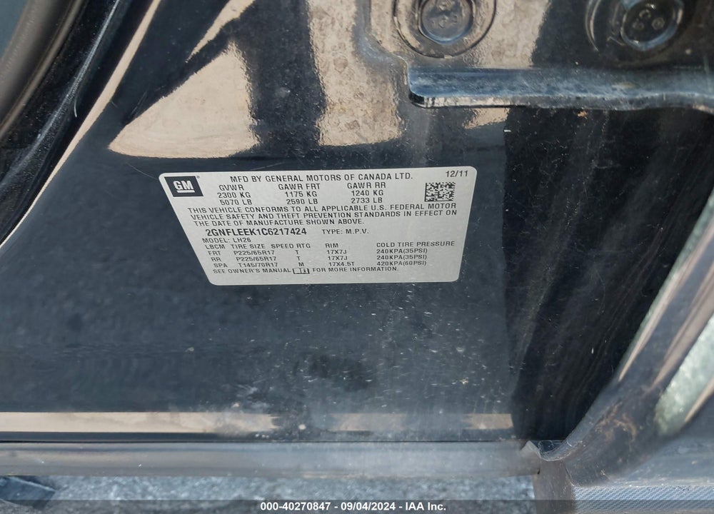 2012 CHEVROLET EQUINOX VIN: 2GNFLEEK1C6217424