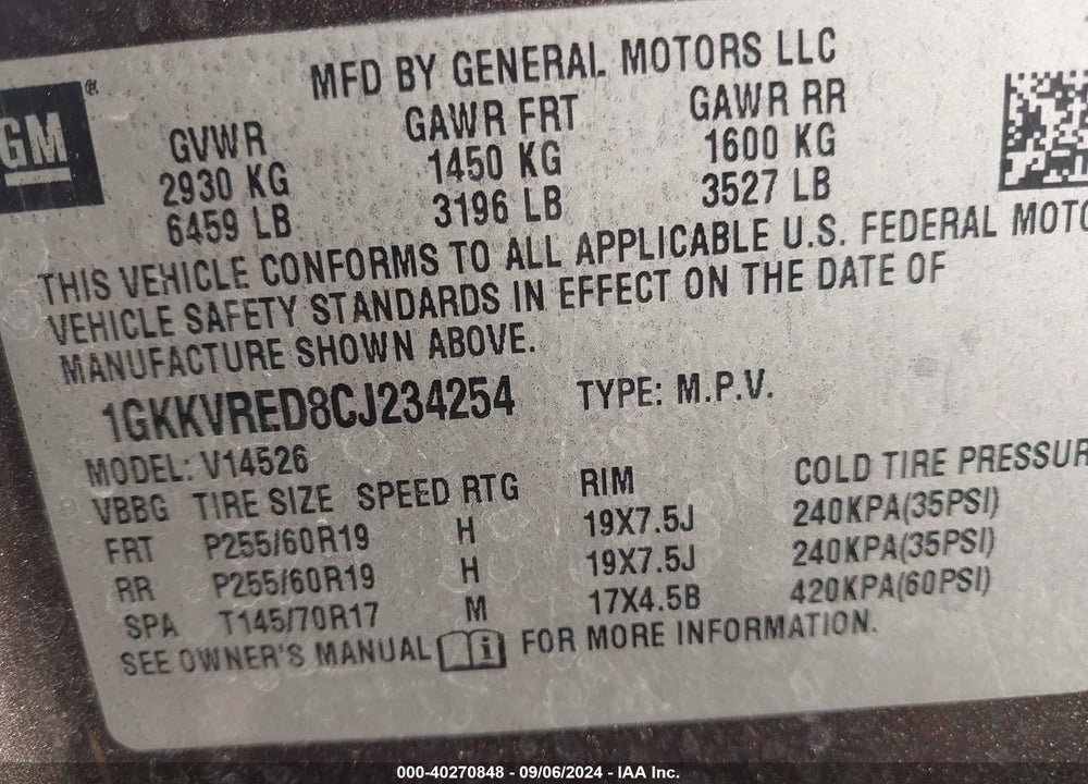 2012 GMC ACADIA VIN: 1GKKVRED8CJ234254