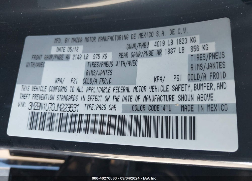 2018 MAZDA MAZDA3 VIN: 3MZBN1U70JM223531