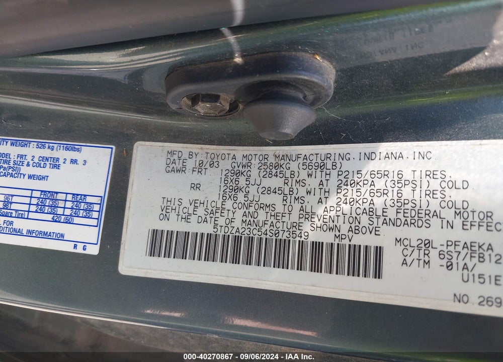 2004 TOYOTA SIENNA LE VIN: 5TDZA23C54S073549