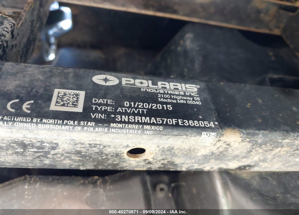 2015 POLARIS RANGER 570 VIN: 3NSRMA570FE368054