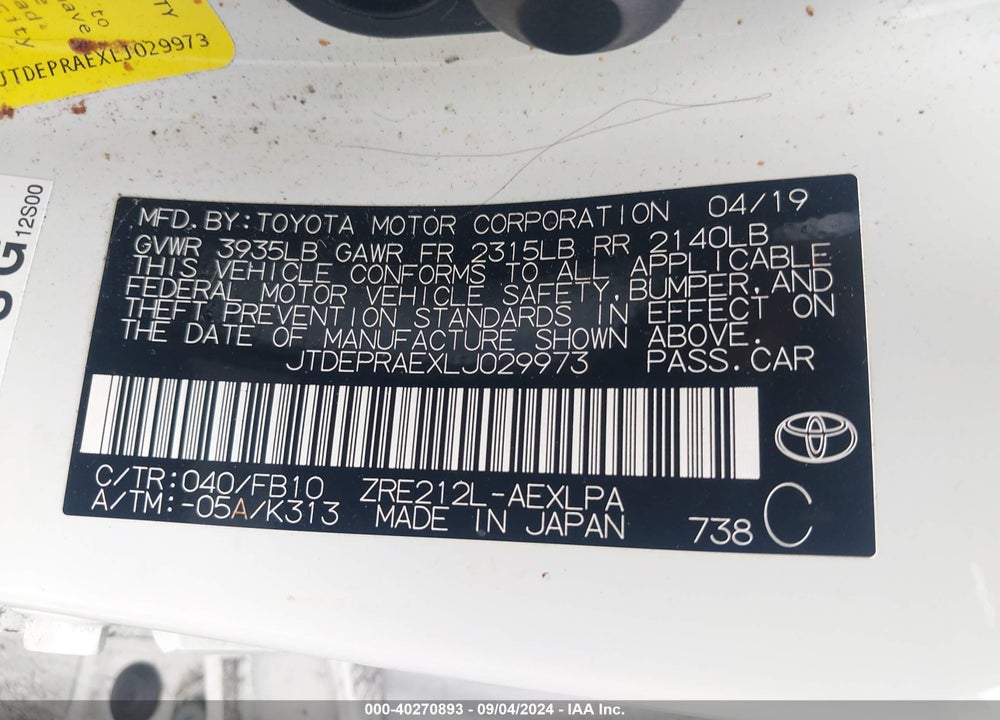 2020 TOYOTA COROLLA LE VIN: JTDEPRAEXLJ029973