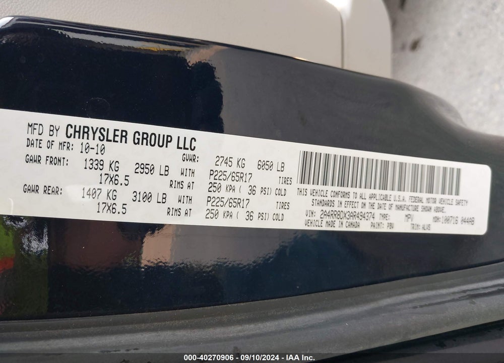 2010 CHRYSLER TOWN & COUNTRY TOURING PLUS VIN: 2A4RR8DX3AR494374