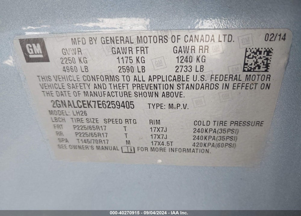 2014 CHEVROLET EQUINOX 2LT VIN: 2GNALCEK7E6259405