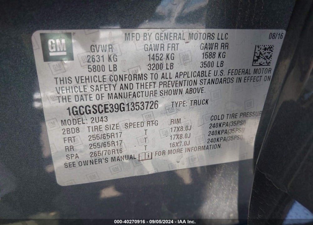 2016 CHEVROLET COLORADO LT VIN: 1GCGSCE39G1353726