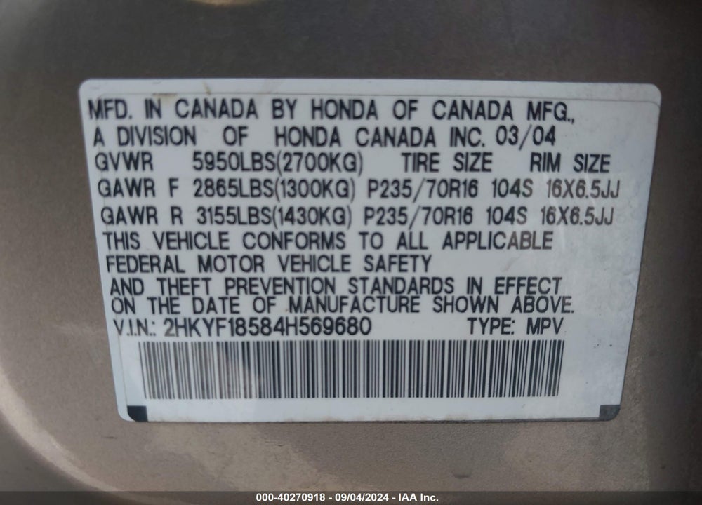 2004 HONDA PILOT EX-L VIN: 2HKYF18584H569680