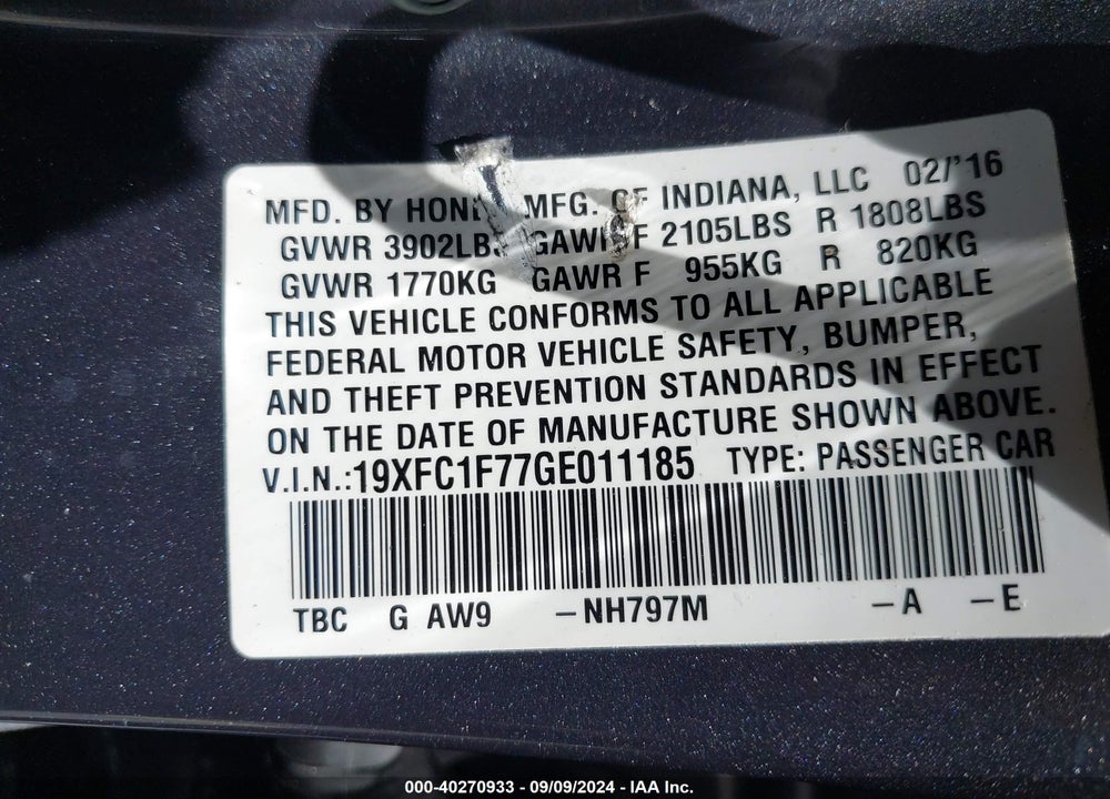 2016 HONDA CIVIC EX-L VIN: 19XFC1F77GE011185