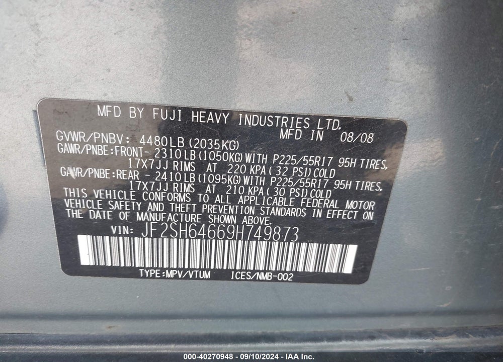 2009 SUBARU FORESTER 2.5X LIMITED VIN: JF2SH64669H749873