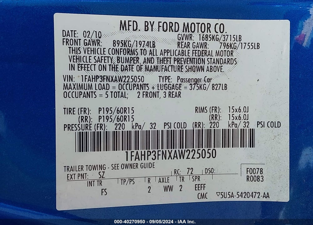 2010 FORD FOCUS SE VIN: 1FAHP3FNXAW225050