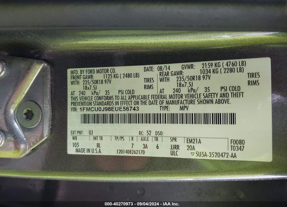 2014 FORD ESCAPE VIN: 1FMCU0J98EUE56743