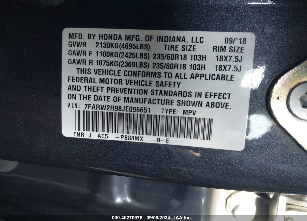 2018 HONDA CR-V TOURING VIN: 7FARW2H98JE096651