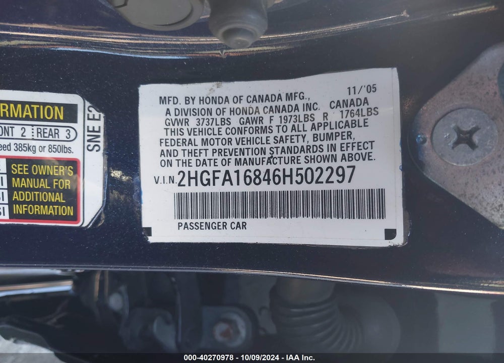 2006 HONDA CIVIC EX VIN: 2HGFA16846H502297