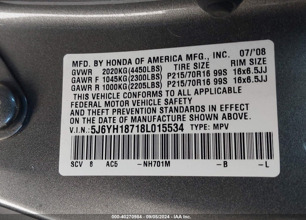 2008 HONDA ELEMENT EX VIN: 5J6YH18718L015534