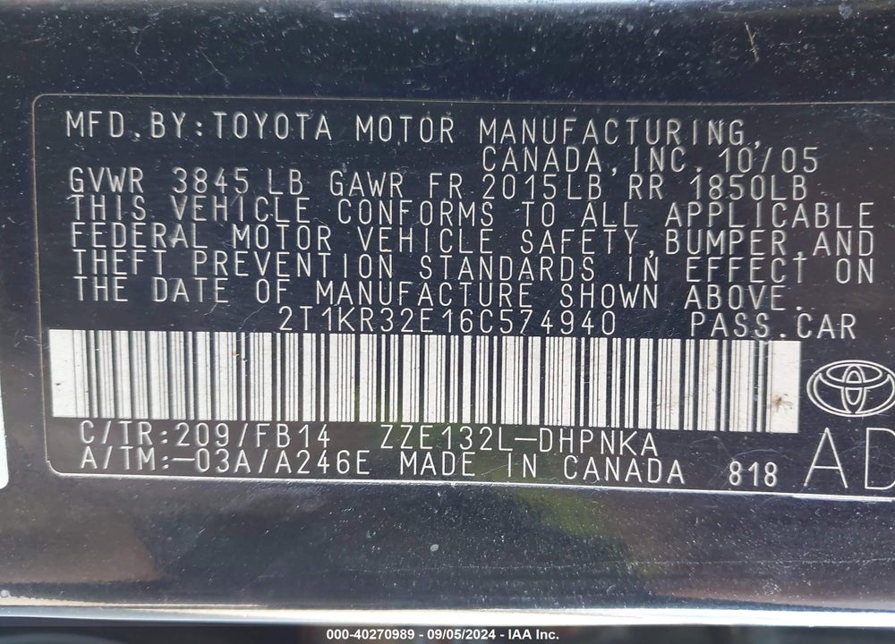 2006 TOYOTA MATRIX/XR VIN: 2T1KR32E16C574940