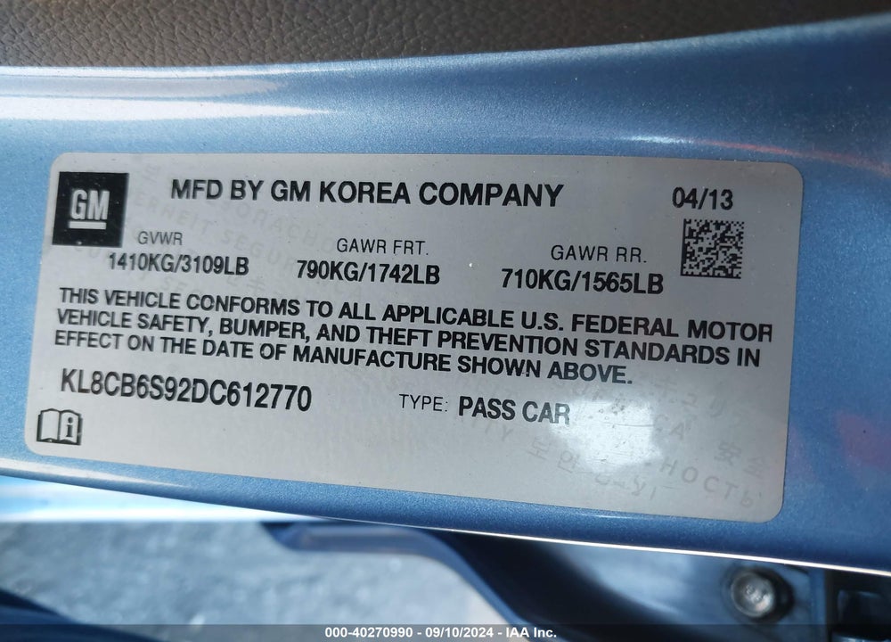2013 CHEVROLET SPARK LS AUTO VIN: KL8CB6S92DC612770