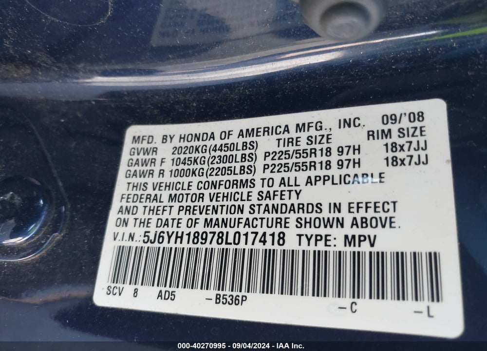 2008 HONDA ELEMENT SC VIN: 5J6YH18978L017418