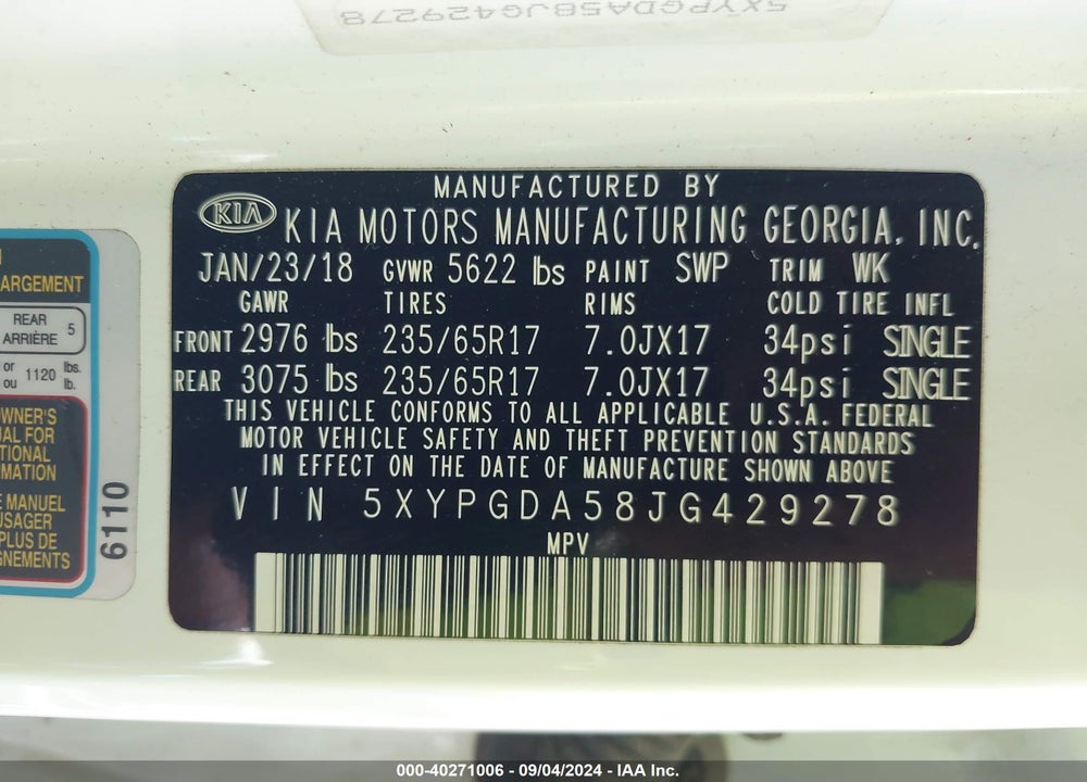 2018 KIA SORENTO 3.3L LX VIN: 5XYPGDA58JG429278
