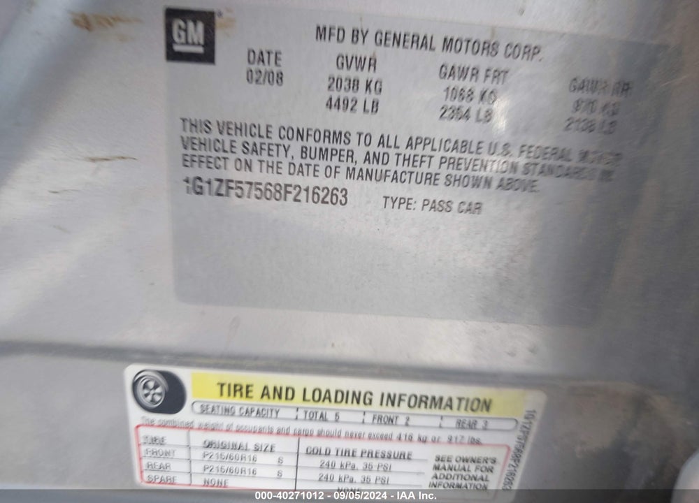 2008 CHEVROLET MALIBU HYBRID VIN: 1G1ZF57568F216263