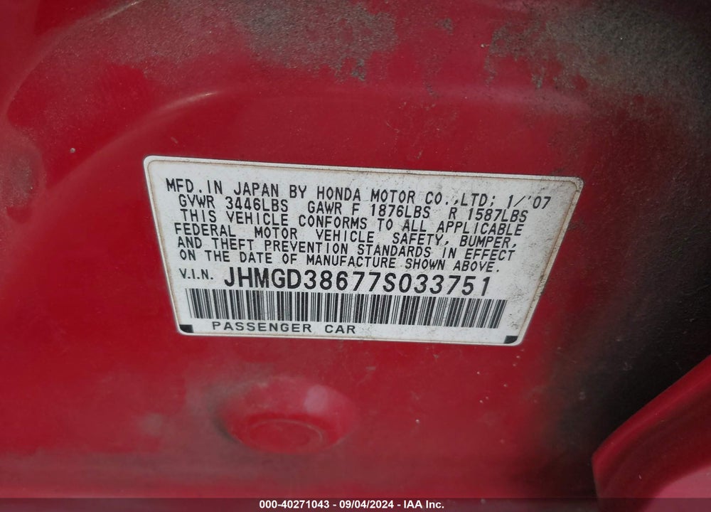 2007 HONDA FIT SPORT VIN: JHMGD38677S033751