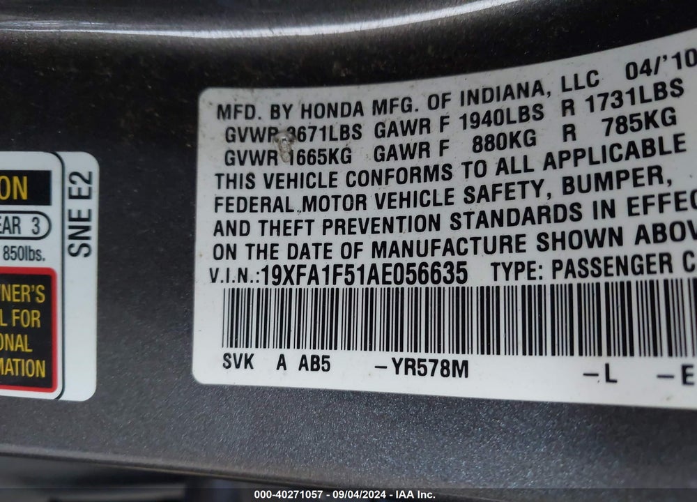2010 HONDA CIVIC LX VIN: 19XFA1F51AE056635