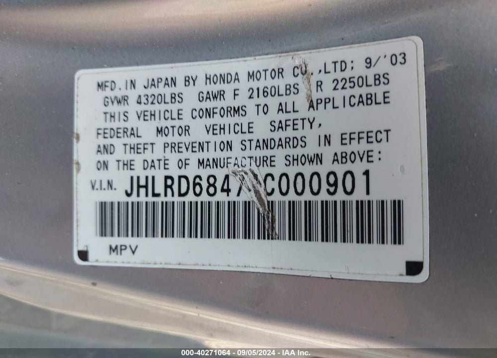 2004 HONDA CR-V LX VIN: JHLRD68474C000901