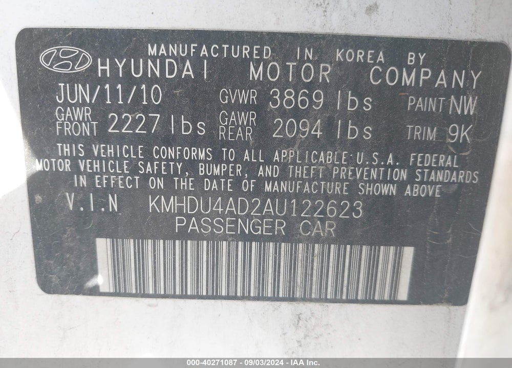 2010 HYUNDAI ELANTRA GLS VIN: KMHDU4AD2AU122623