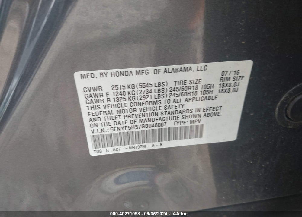 2016 HONDA PILOT EX-L VIN: 5FNYF5H57GB048007