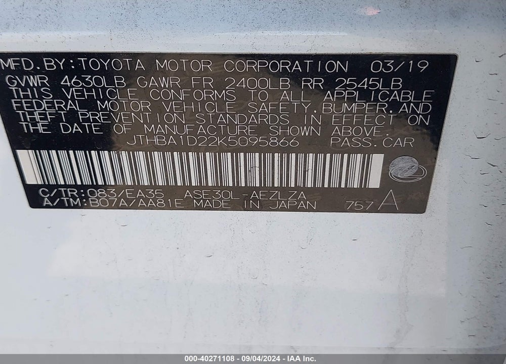 2019 LEXUS IS 300 VIN: JTHBA1D22K5095866