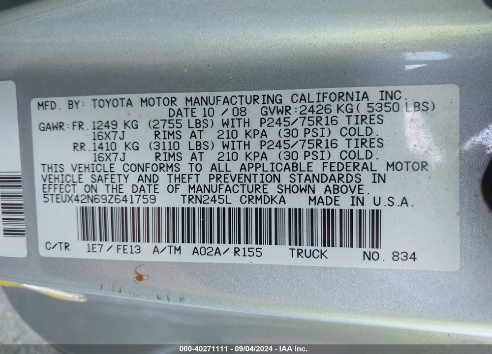 2009 TOYOTA TACOMA VIN: 5TEUX42N69Z641759