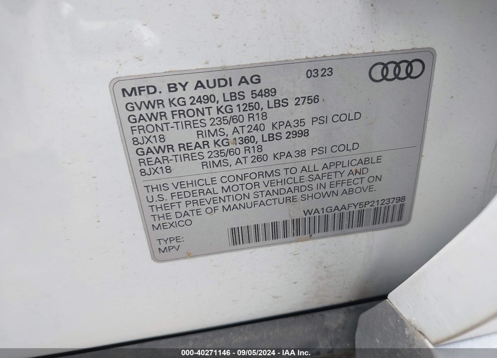 2023 AUDI Q5 PREMIUM 45 TFSI S LINE QUATTRO VIN: WA1GAAFY5P2123798