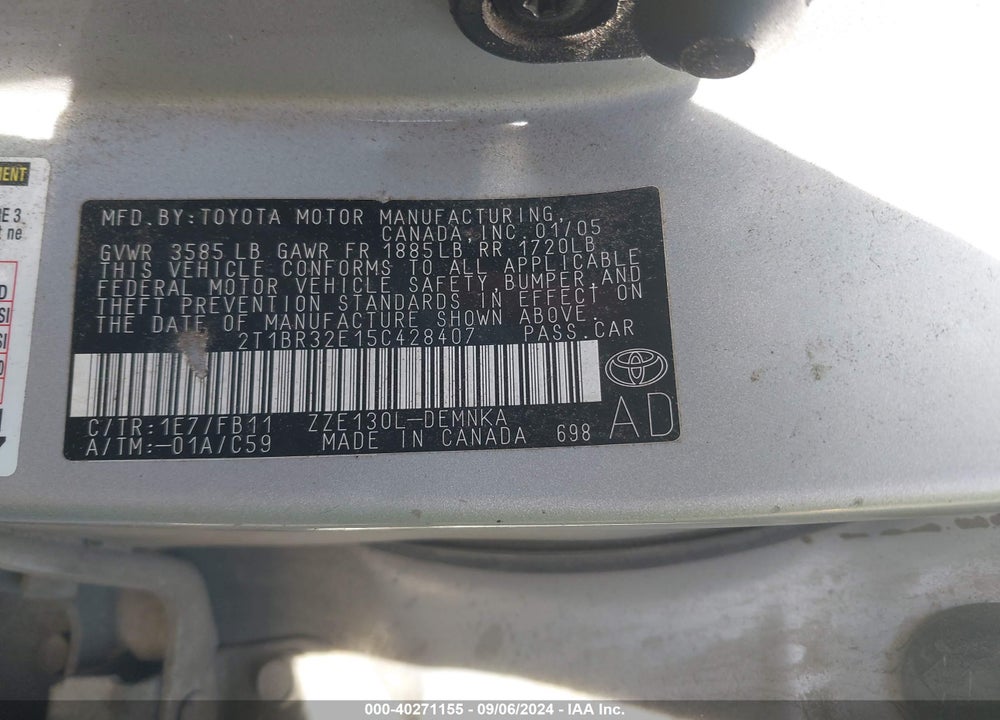 2005 TOYOTA COROLLA LE VIN: 2T1BR32E15C428407