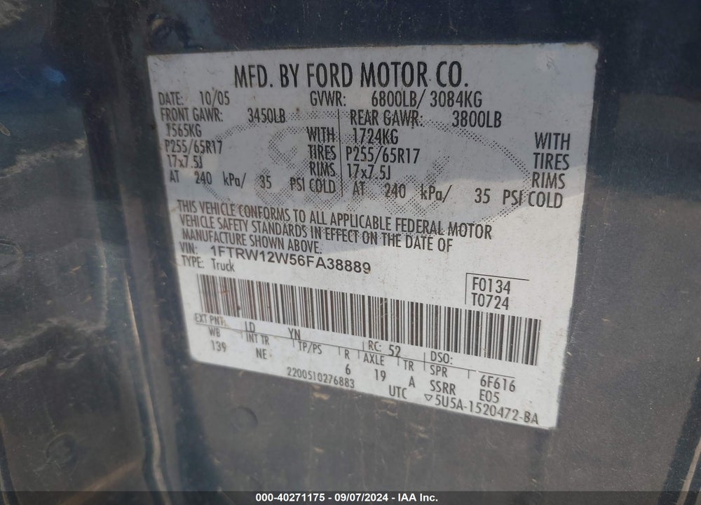 2006 FORD F-150 XLT VIN: 1FTRW12W56FA38889