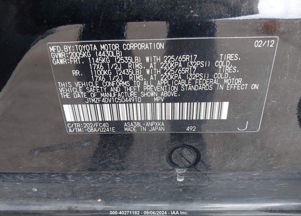 2012 TOYOTA RAV4 VIN: JTMZF4DV1C5044910