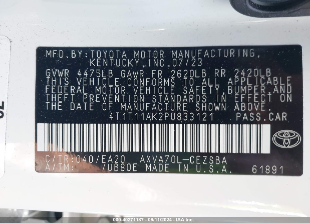 2023 TOYOTA CAMRY SE VIN: 4T1T11AK2PU833121