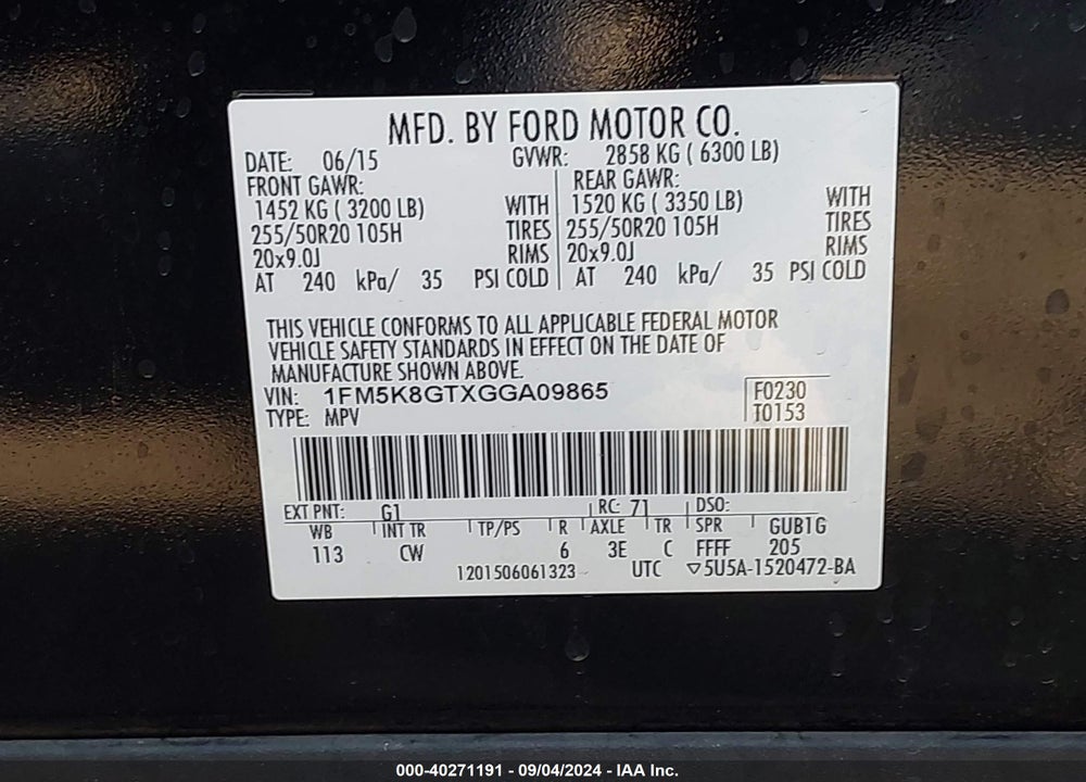 2016 FORD EXPLORER VIN: 1FM5K8GTXGGA09865