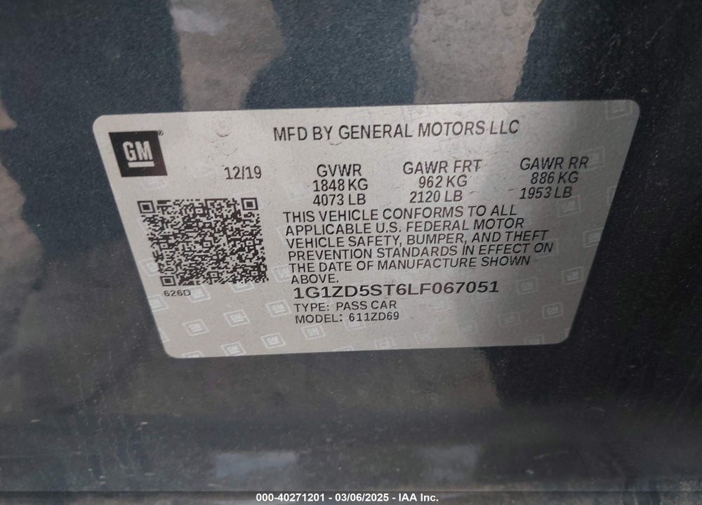 2020 CHEVROLET MALIBU FWD LT VIN: 1G1ZD5ST6LF067051