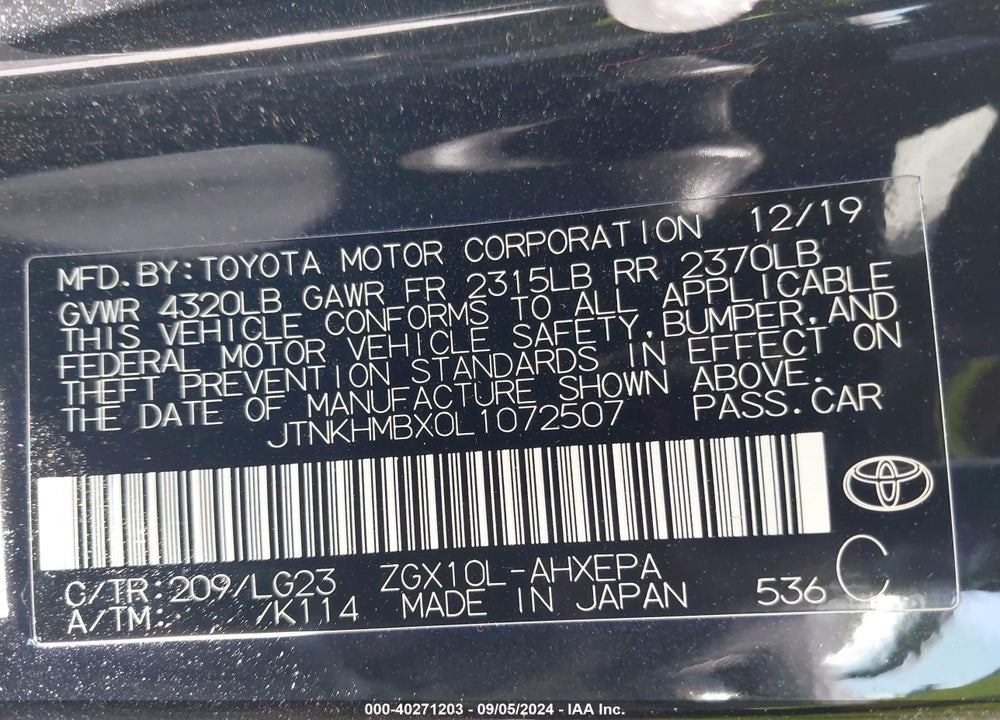 2020 TOYOTA C-HR LIMITED VIN: JTNKHMBX0L1072507