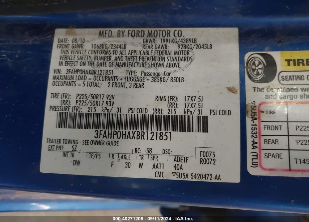 2011 FORD FUSION SE VIN: 3FAHP0HAXBR121851