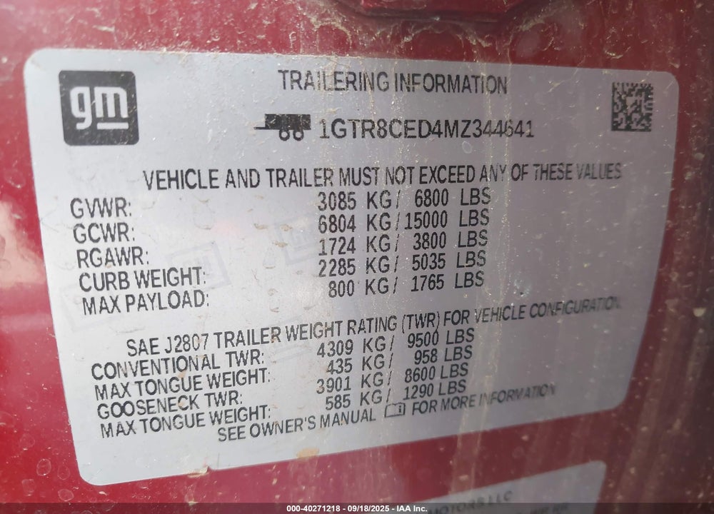 2021 GMC SIERRA 1500 VIN: 1GTR8CED4MZ344641