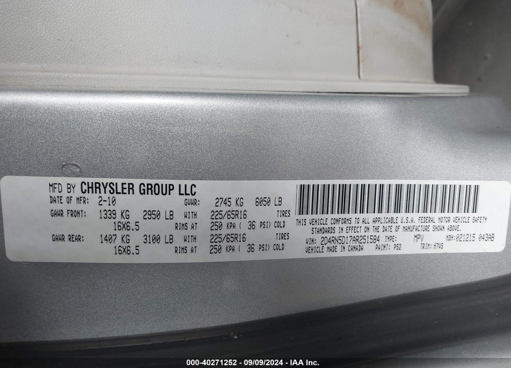 2010 DODGE GRAND CARAVAN SXT VIN: 2D4RN5D17AR251584