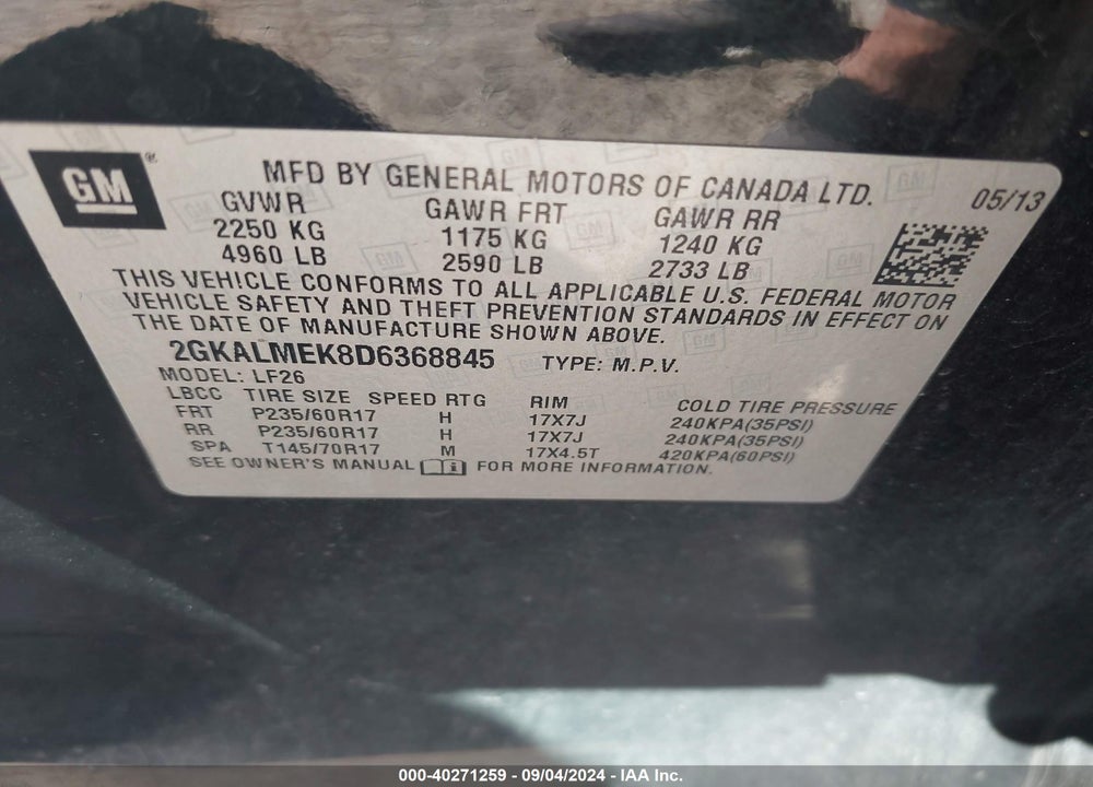 2013 GMC TERRAIN VIN: 2GKALMEK8D6368845