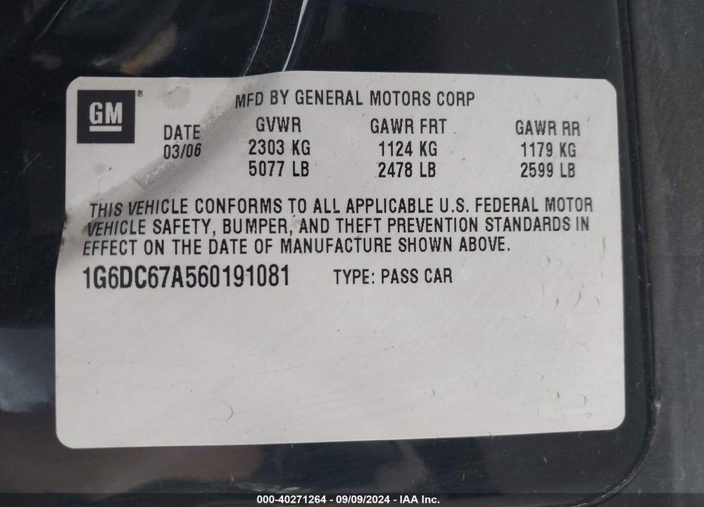 2006 CADILLAC STS V8 VIN: 1G6DC67A560191081