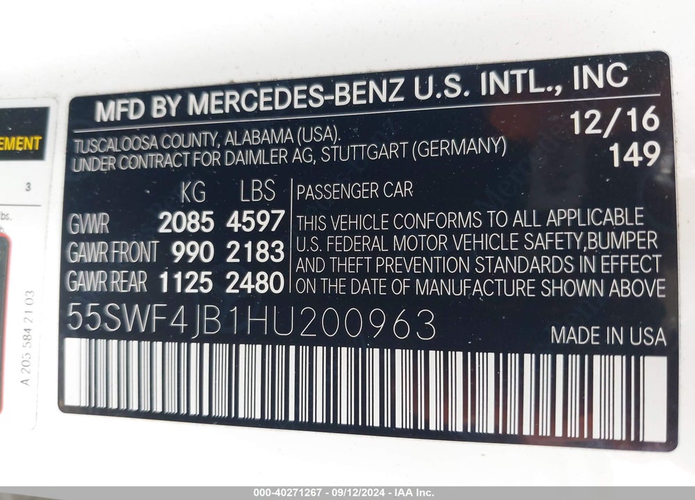 2017 MERCEDES-BENZ C 300 LUXURY/SPORT VIN: 55SWF4JB1HU200963