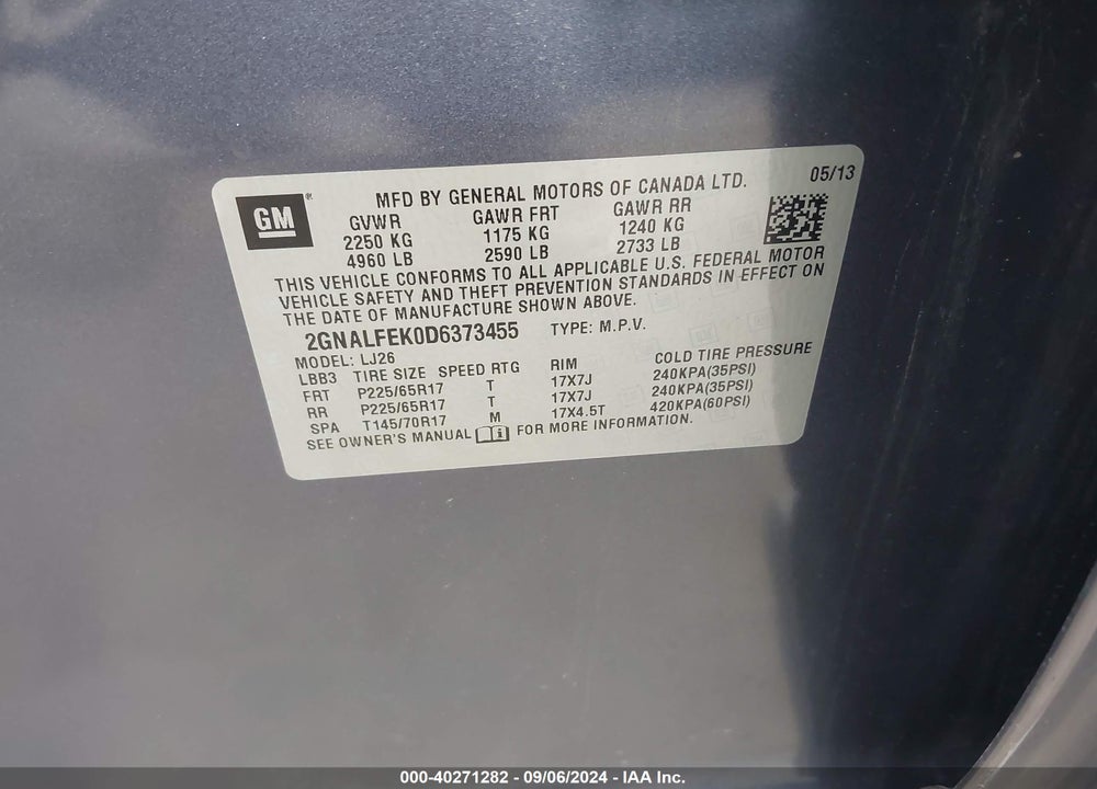 2013 CHEVROLET EQUINOX LTZ VIN: 2GNALFEK0D6373455
