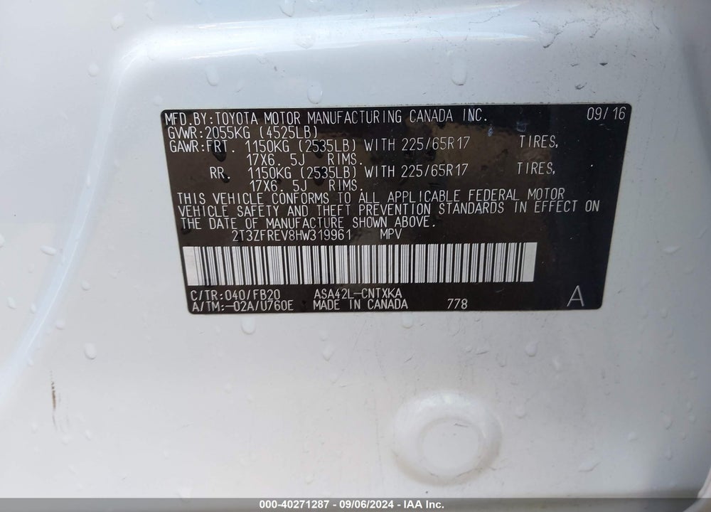 2017 TOYOTA RAV4 LE VIN: 2T3ZFREV8HW319961
