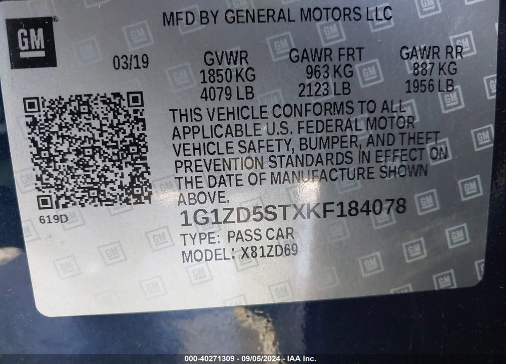 2019 CHEVROLET MALIBU LT VIN: 1G1ZD5STXKF184078