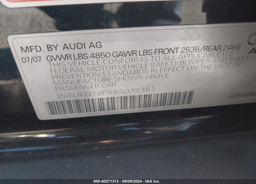 2008 AUDI A3 3.2 VIN: WAUKD78PX8A039351