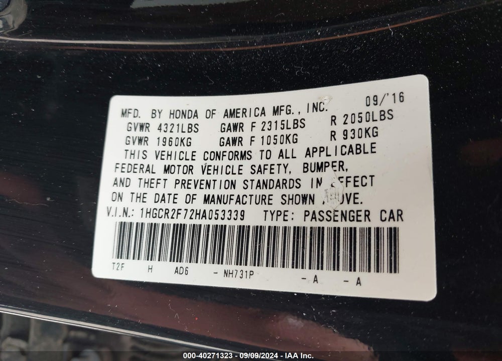 2017 HONDA ACCORD EX VIN: 1HGCR2F72HA053339