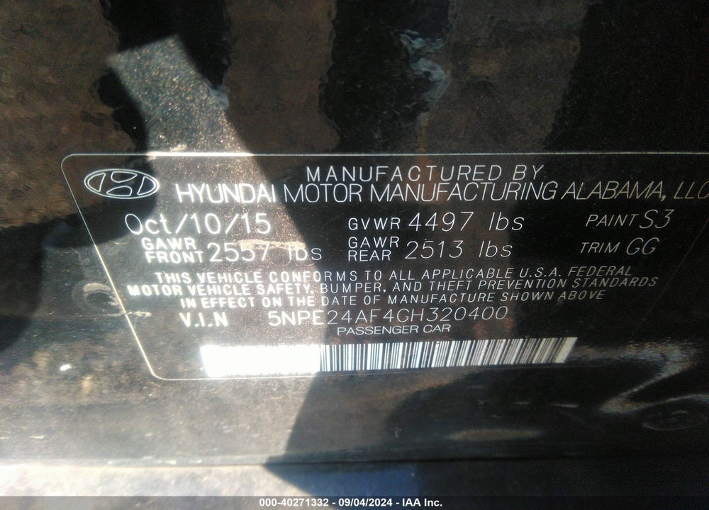 2016 HYUNDAI SONATA SE VIN: 5NPE24AF4GH320400
