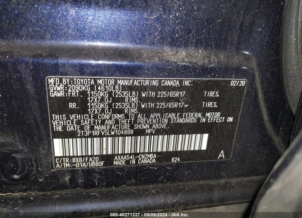 2020 TOYOTA RAV4 XLE VIN: 2T3P1RFV5LW104888